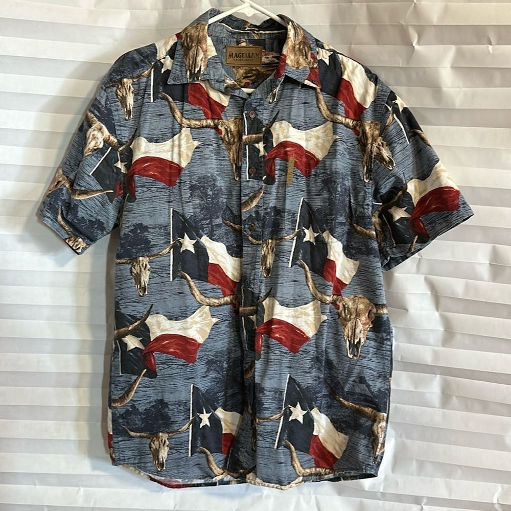 Magellan Men’s Casual Button Down Shirt – Texas Theme 100% Cotton Size M